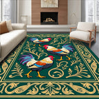 Emerald Green Rooster Floral Border Rug