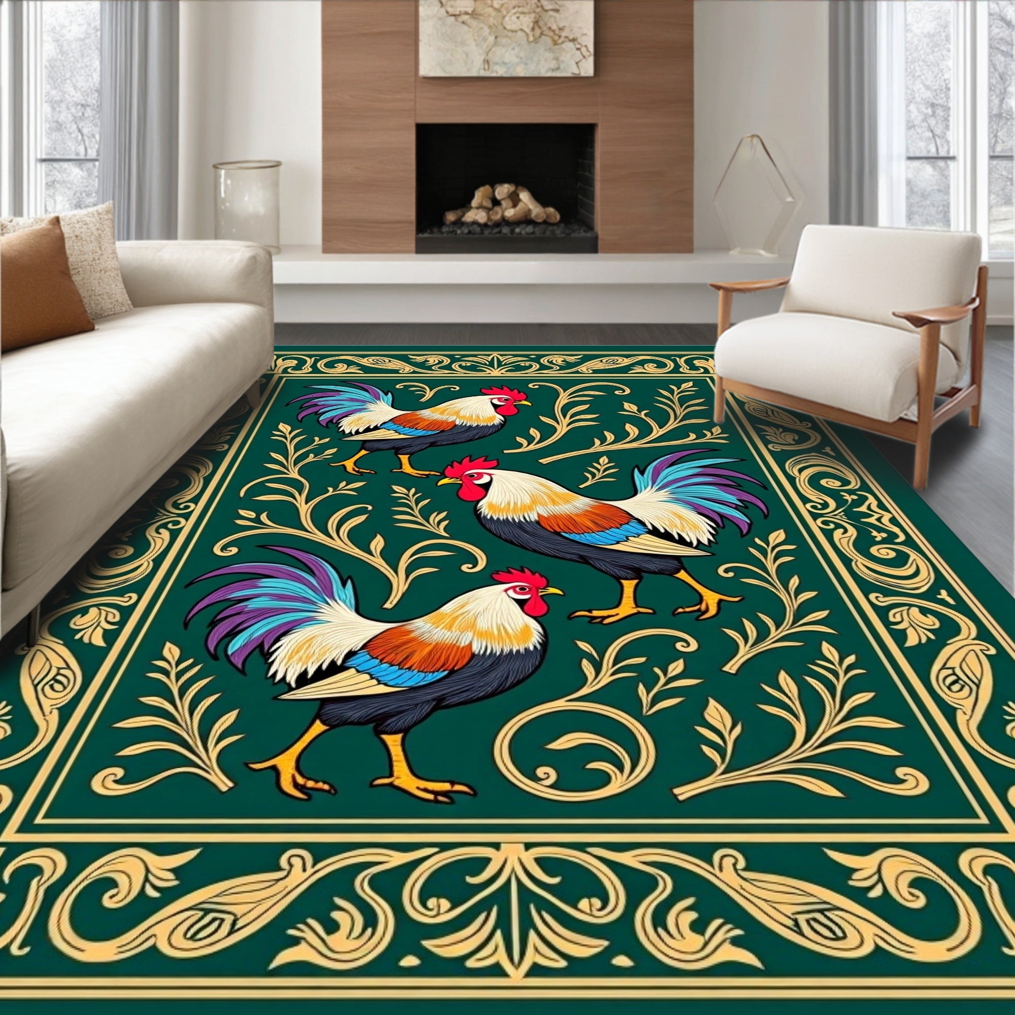 Emerald Green Rooster Floral Border Rug