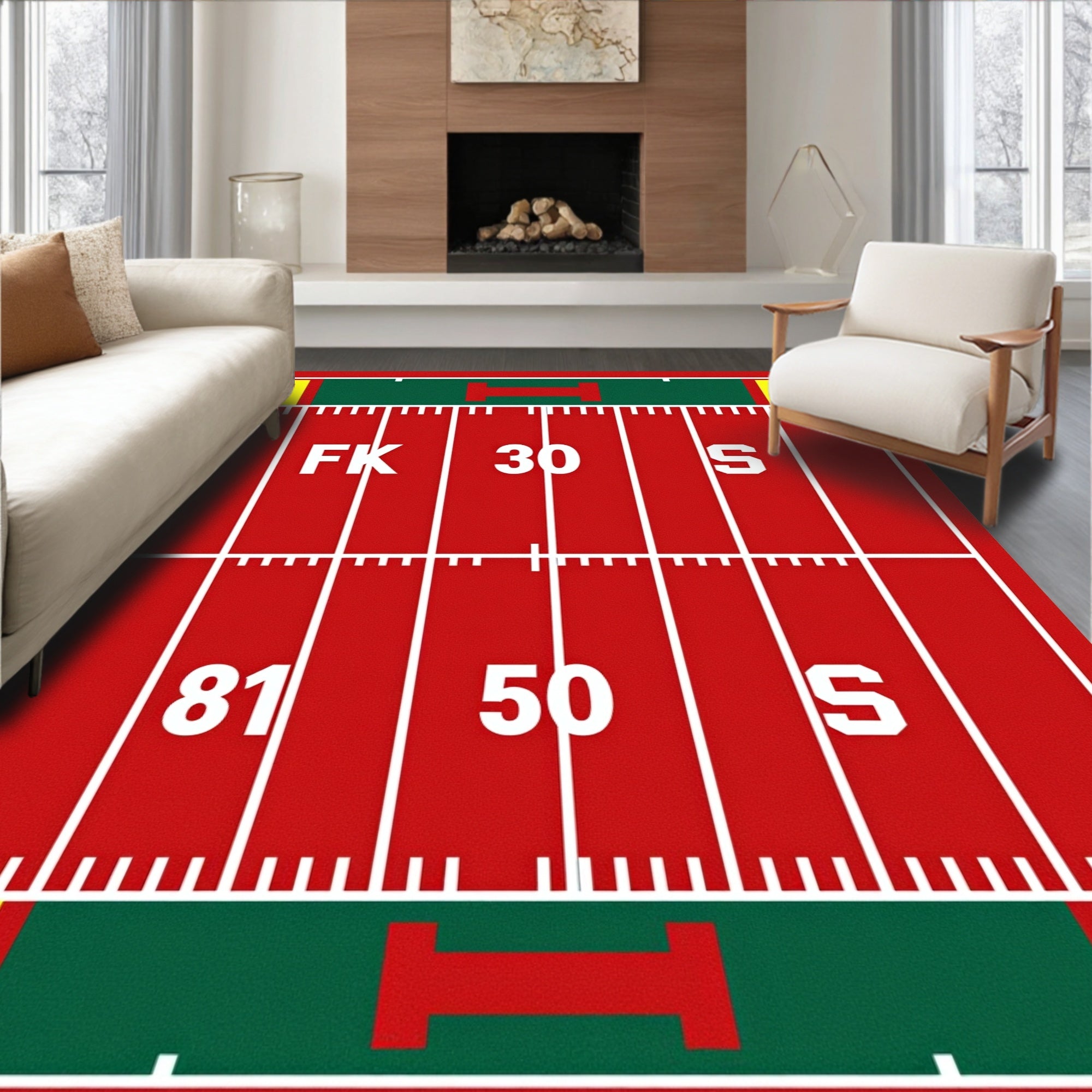Red Green Stadium Field Lines Rug