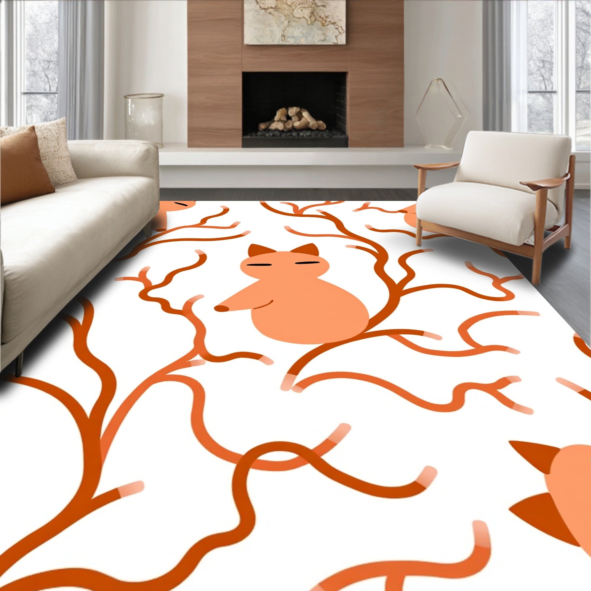 Cute Orange Cat Branch Arrangement Rug