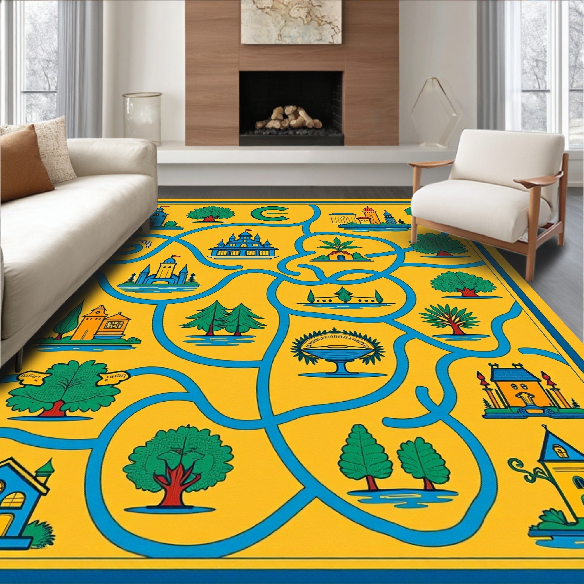 Whimsical Yellow Landscape Castle Garden Rug
