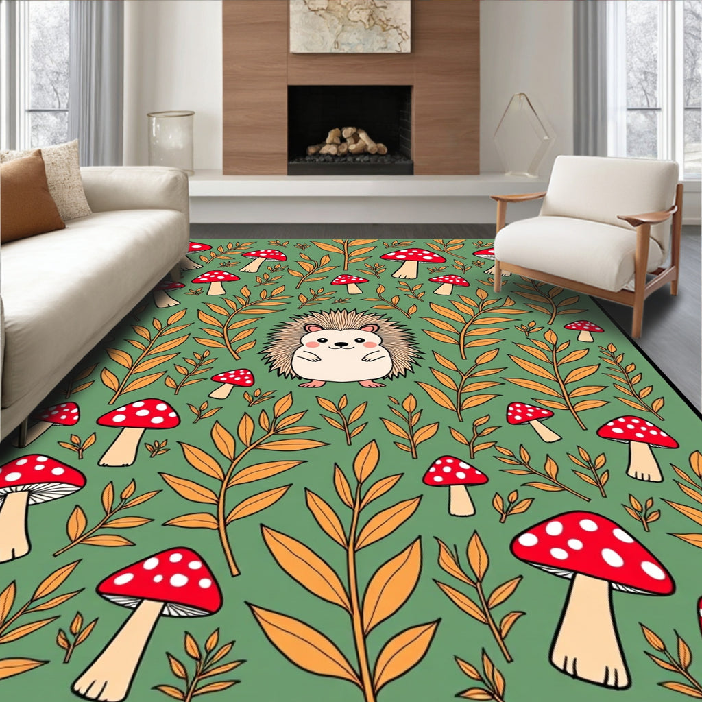 Whimsical Hedgehog Forest Mushroom Collection Rug