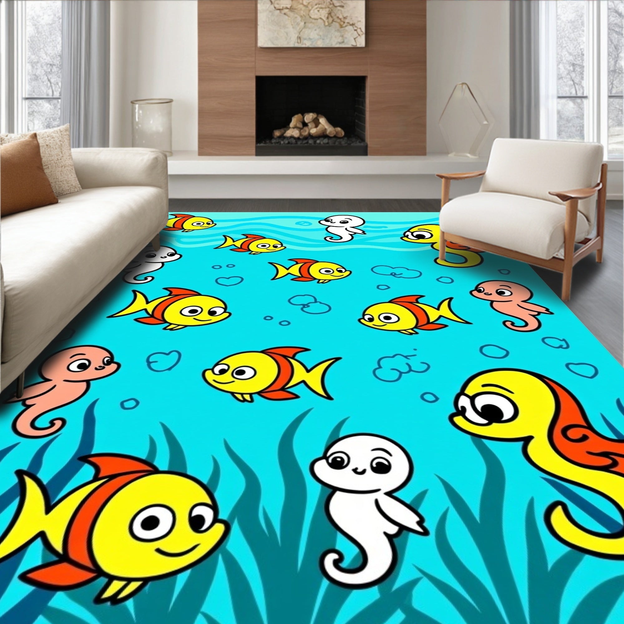 Cute Ocean Friends Yellow Fish Seahorses Rug