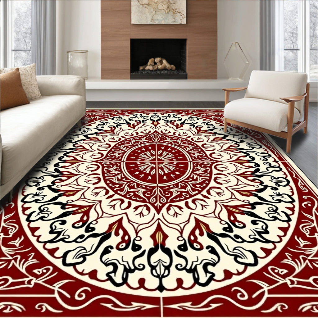 Crimson Cream Intricate Oval Mandala Rug