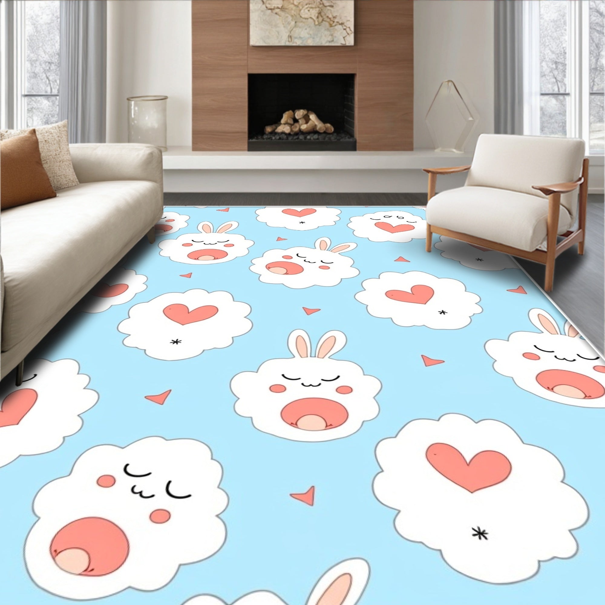 Kawaii White Bunny Clouds Pink Hearts Rug