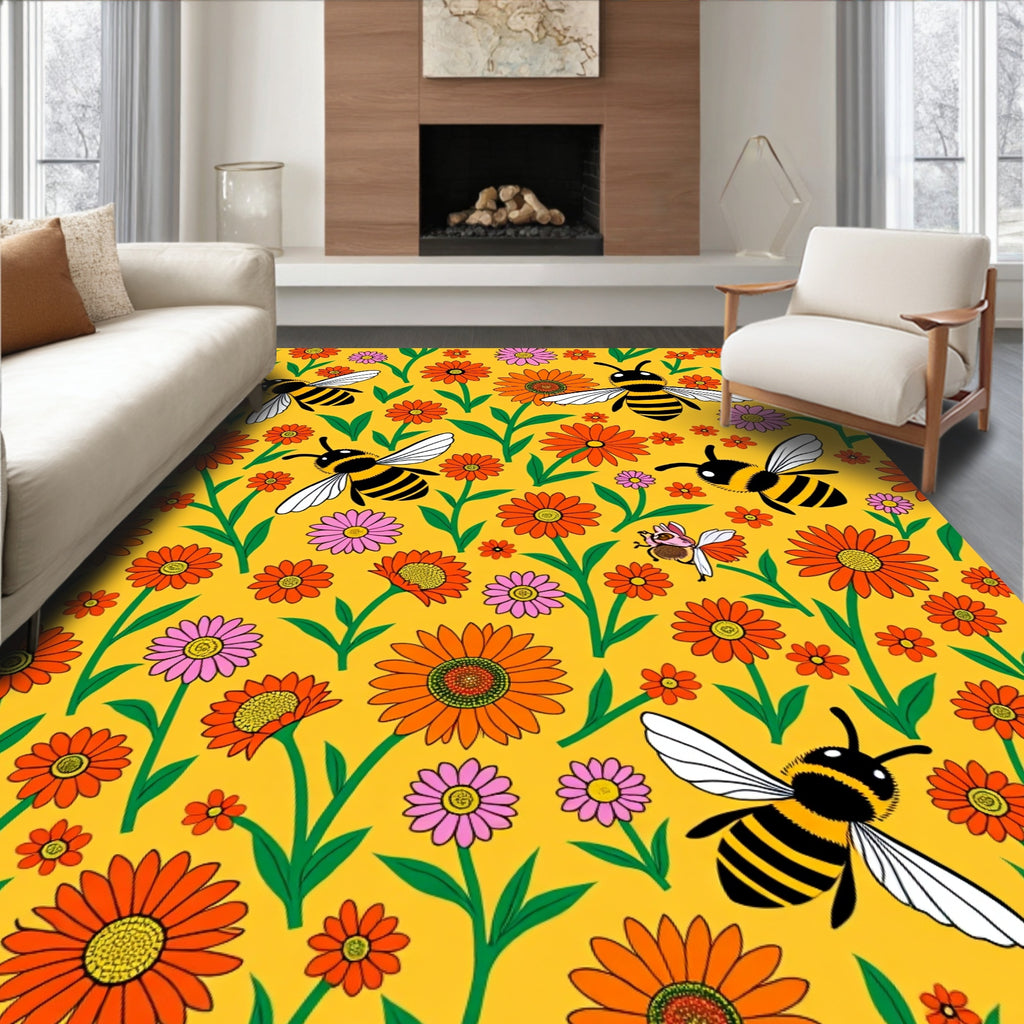 Retro Sunflowers and Bees Artwork Rug