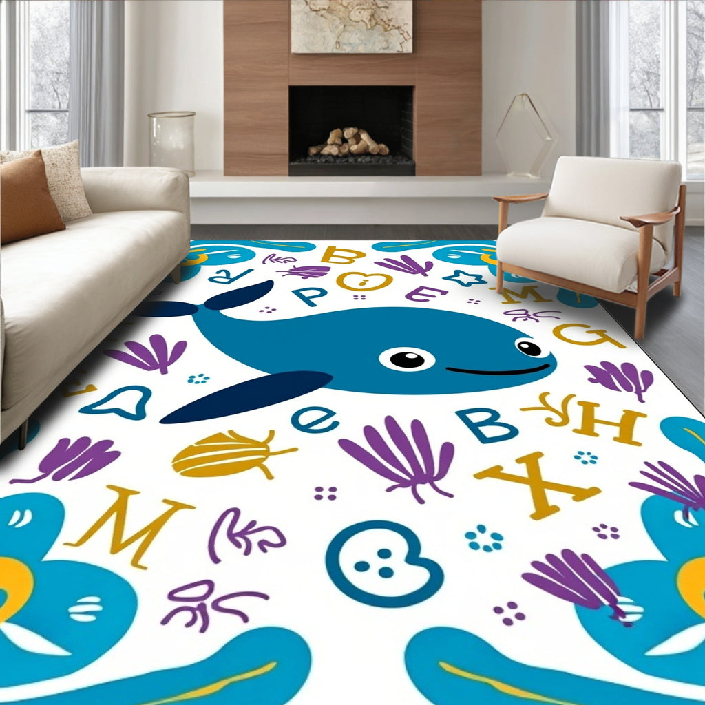 Whimsical Blue Whale Alphabet Ocean Rug