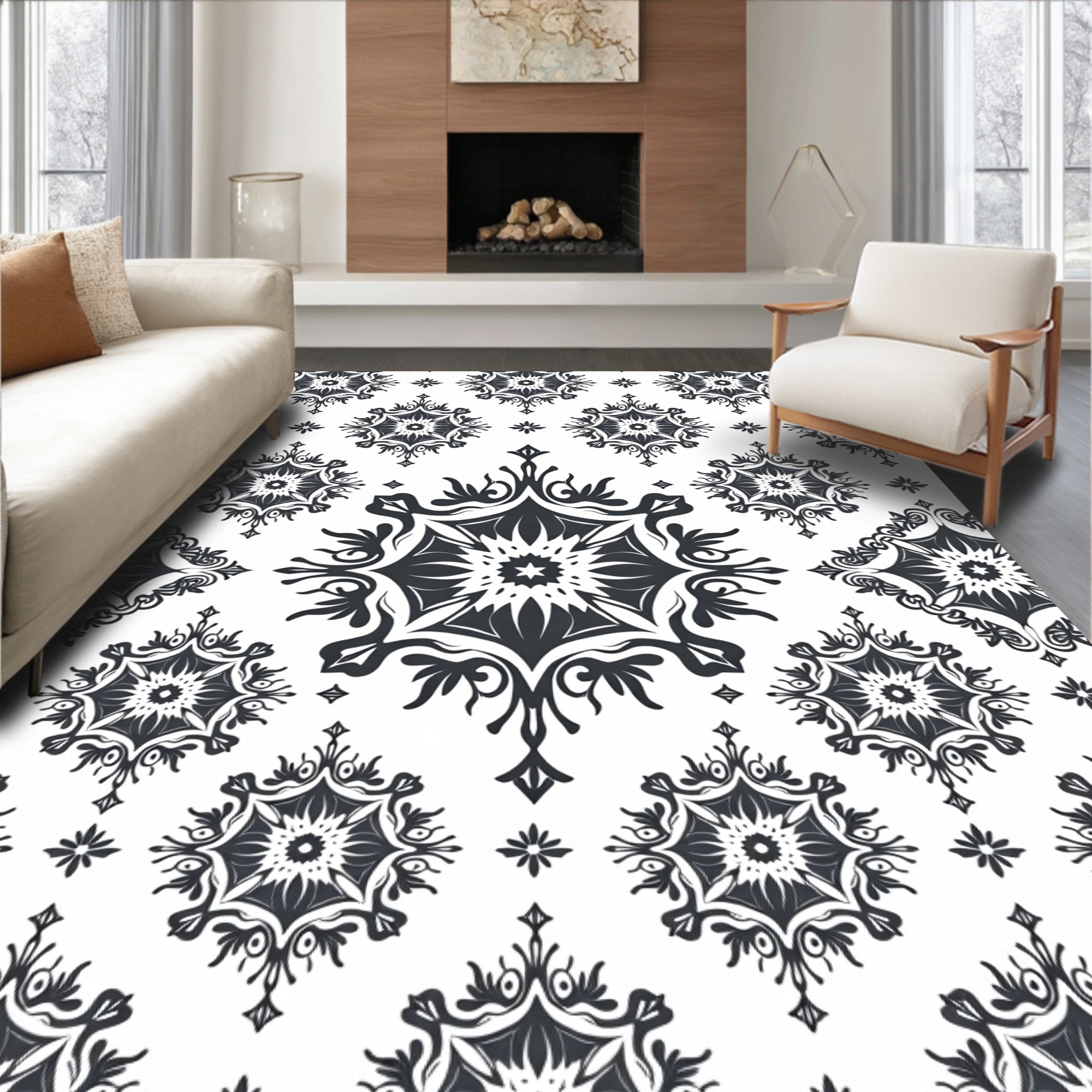Monochromatic Floral Medallion Symmetry Rug