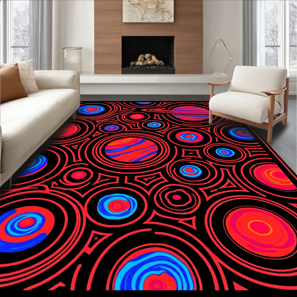Cosmic Red Blue Planet Circles Rug