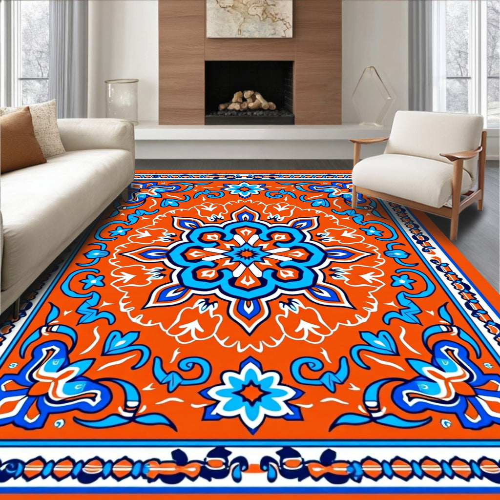 Terracotta Orange Blue Floral Medallion Splash Rug