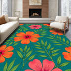 Tropical Orange Pink Floral Teal Rug