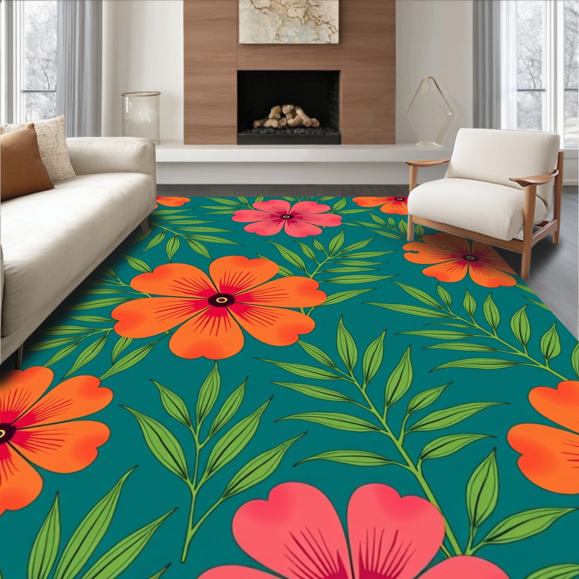 Tropical Orange Pink Floral Teal Rug