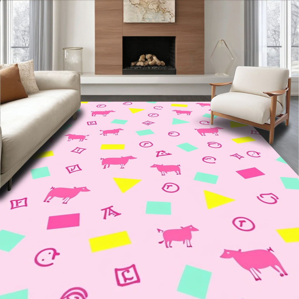 Pink Cow Geometric Shapes Playful Rug