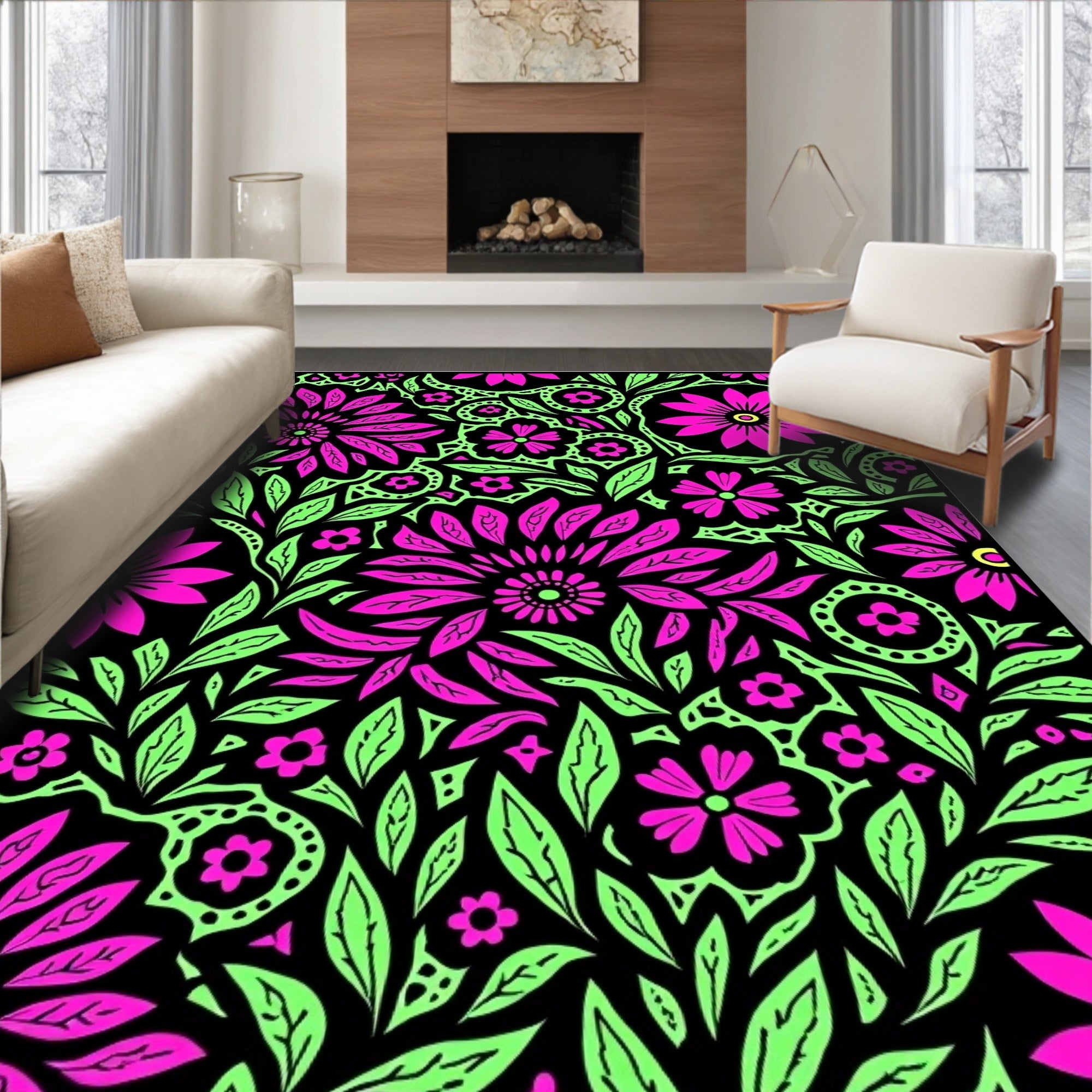 Vibrant Pink Neon Floral Foliage Rug