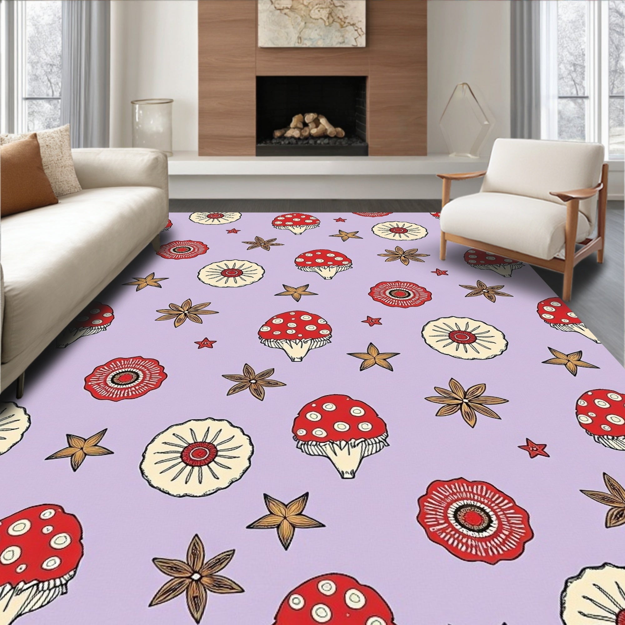 Whimsical Red Mushroom Floral Star Rug
