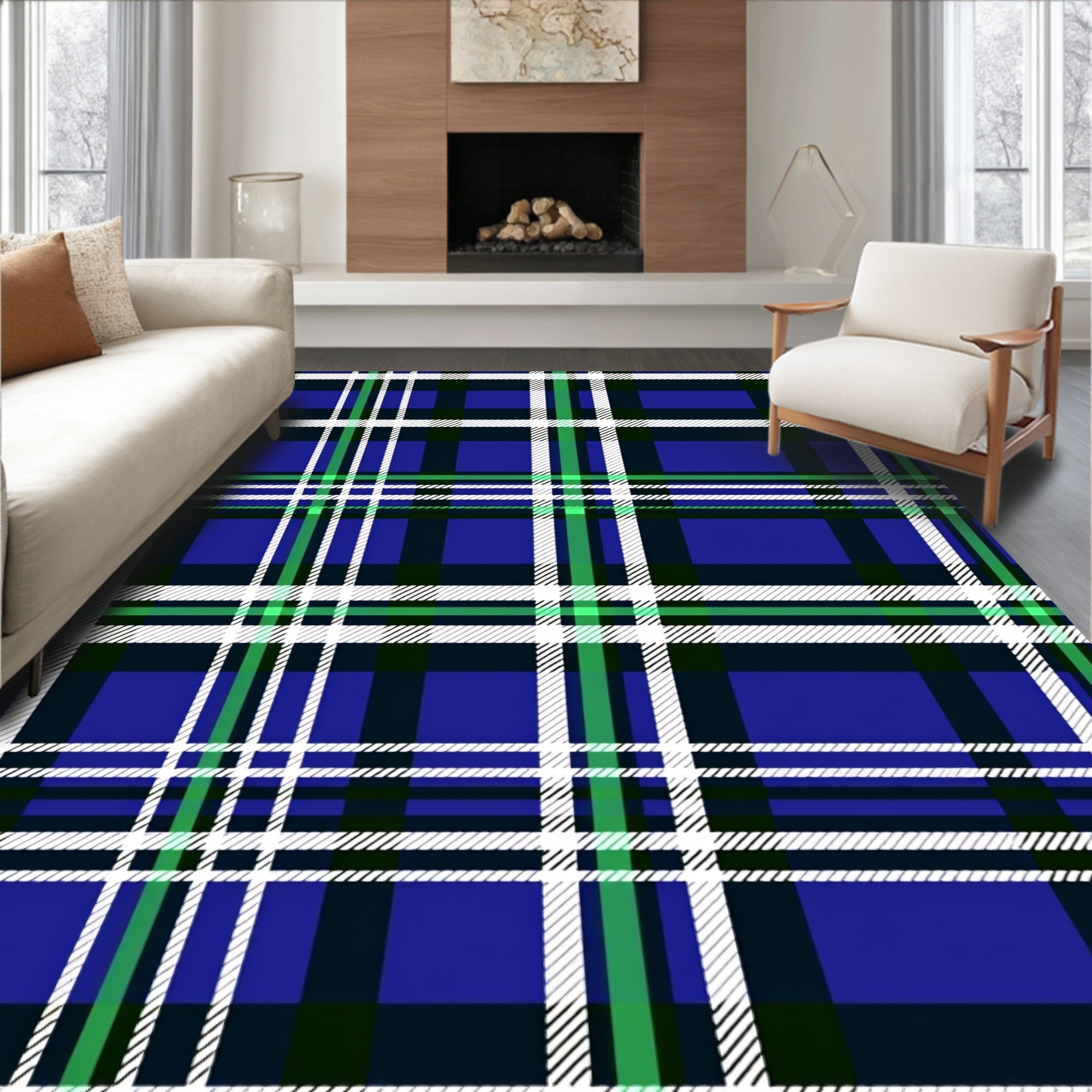 Classic Blue Green and White Plaid Rug