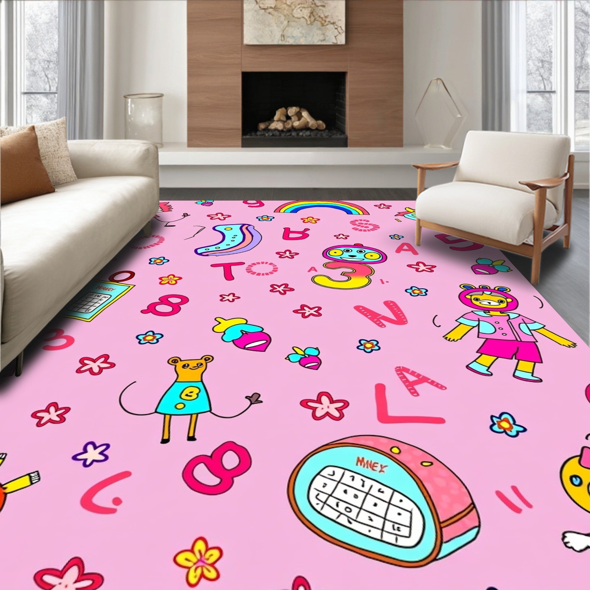 Whimsical Pink ABC and Number Collage Rug