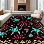 Aqua Turtles Pink Coral Black Ocean Rug