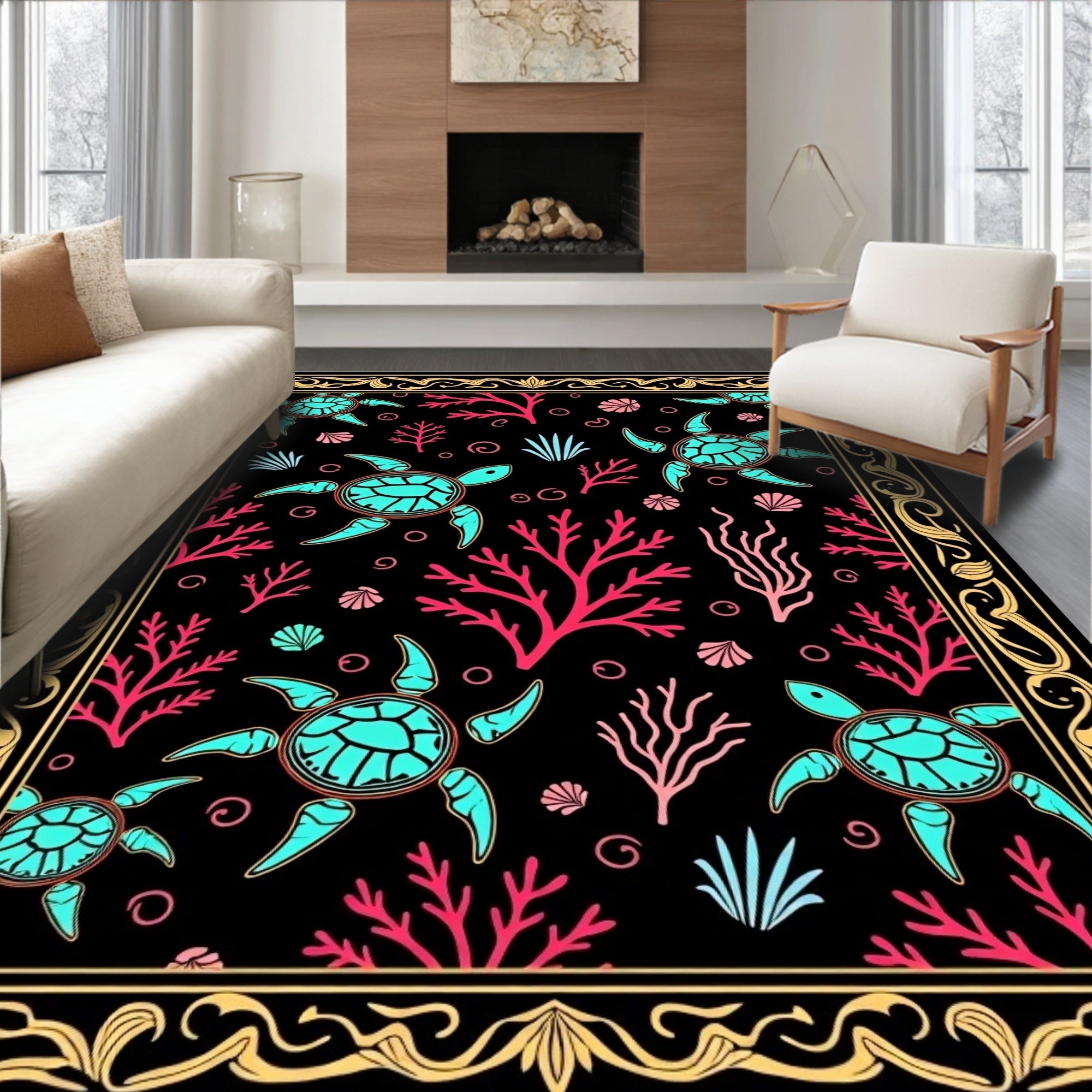 Aqua Turtles Pink Coral Black Ocean Rug