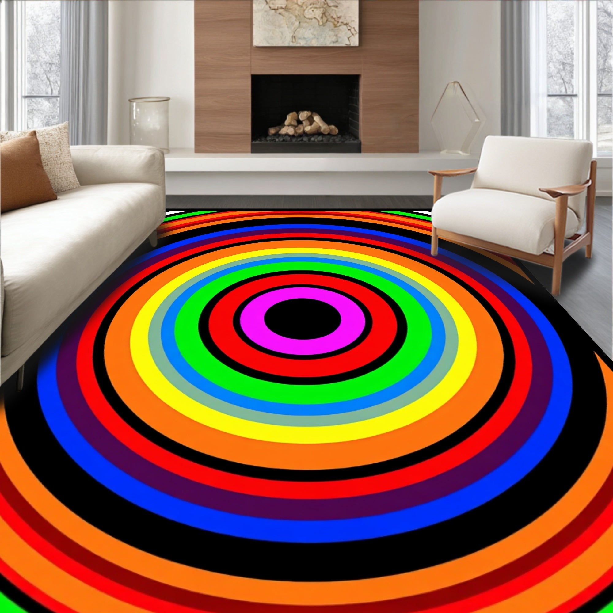 Vibrant Concentric Circles Rainbow Rug