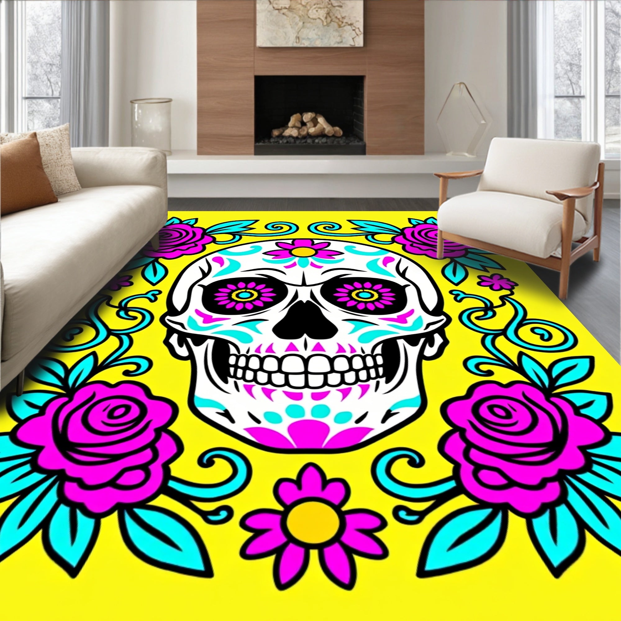 Vibrant Yellow Sugar Skull Floral Rug