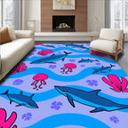 Vibrant Blue Shark Jellyfish Waves Rug