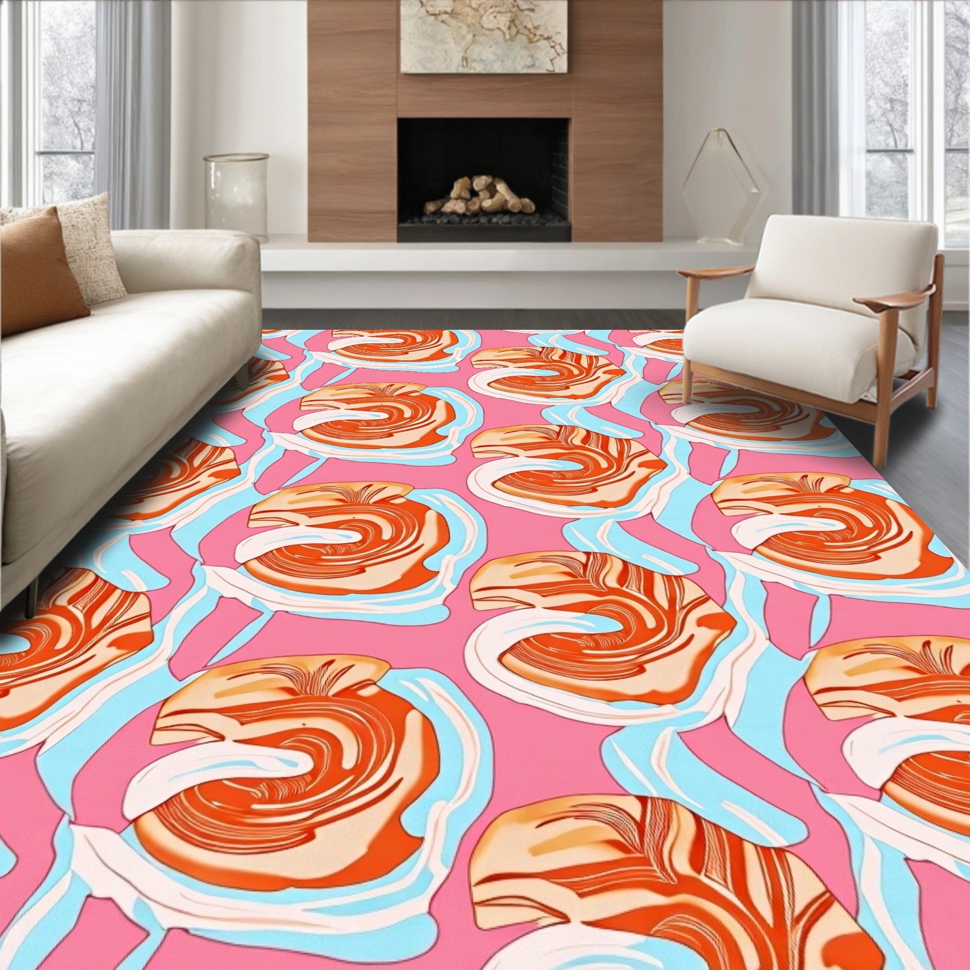 Vibrant Orange Swirl Abstract Pink Rug
