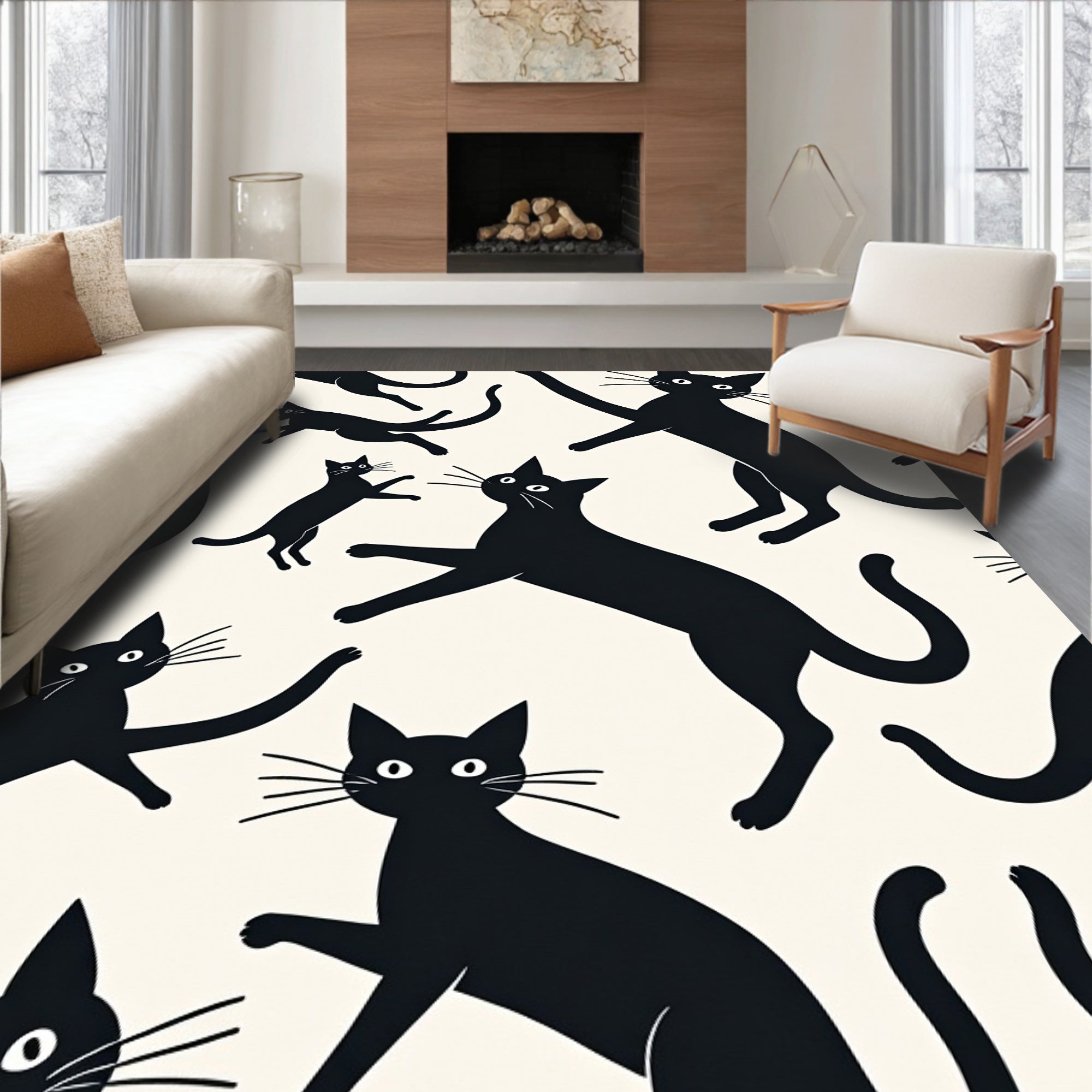 Whimsical Black Cats Cream Background Rug