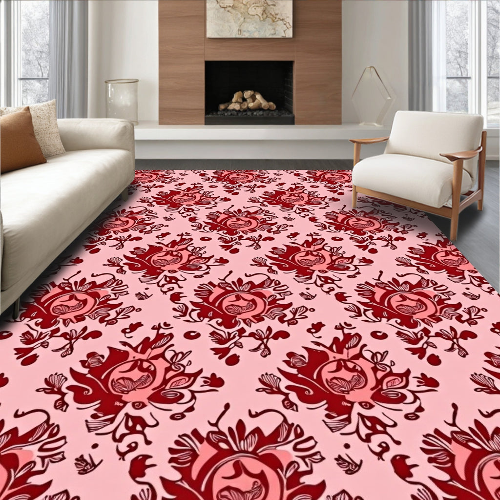 Rich Crimson Bloom Damask Tapestry Rug