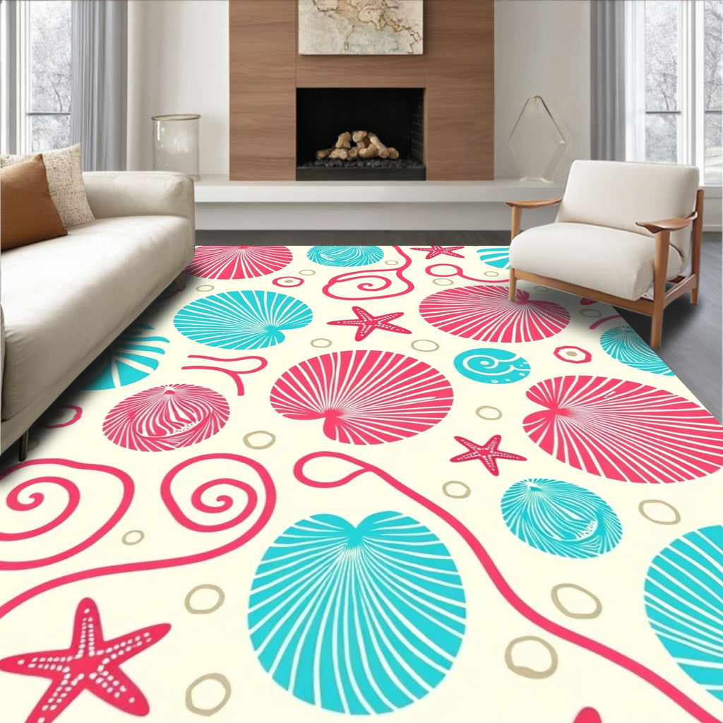Coral Turquoise Seashell Starfish Swirls Rug