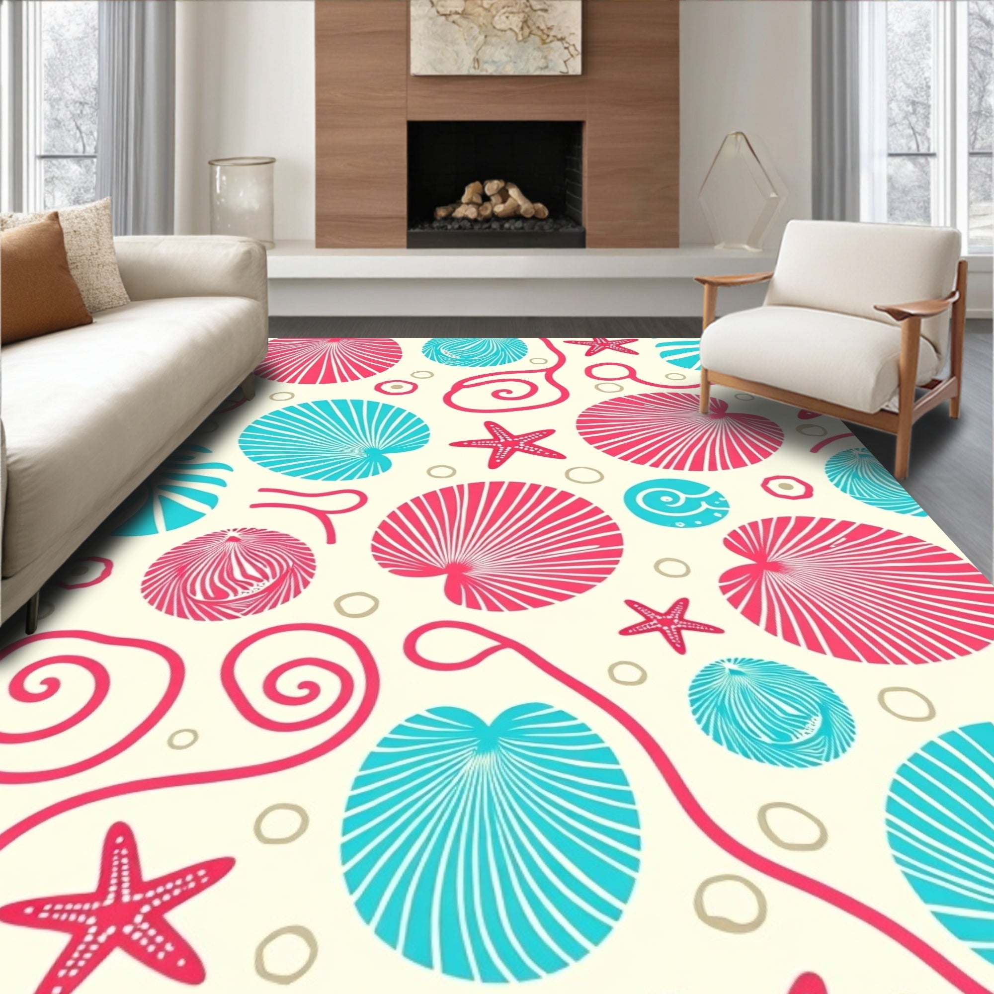 Coral Turquoise Seashell Starfish Swirls Rug