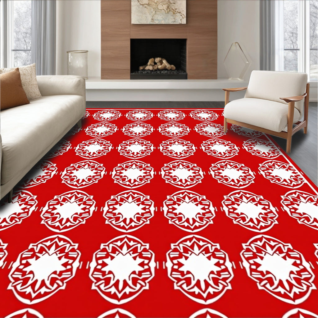 Vibrant Crimson Mandala Geometric Rug