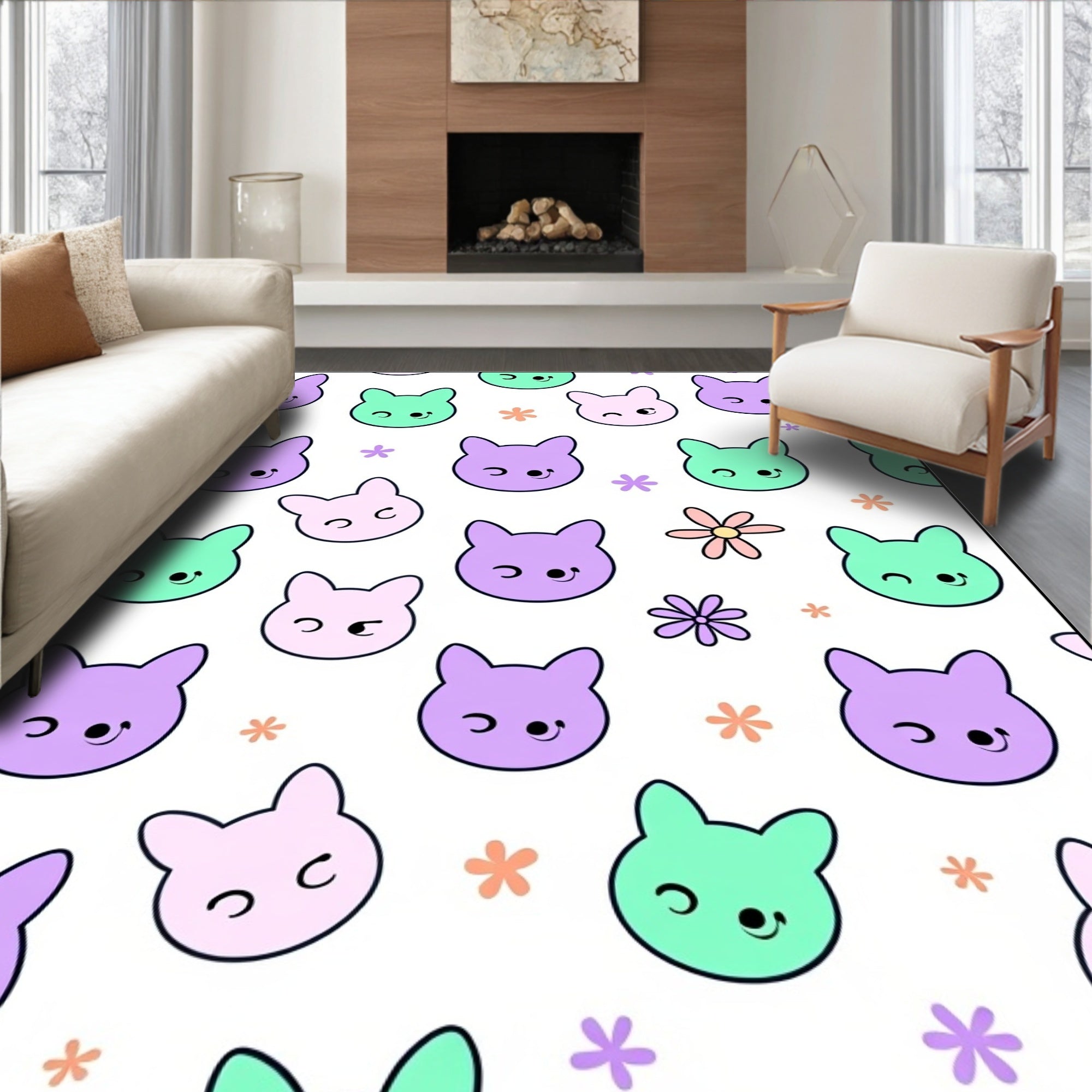 Kawaii Purple Mint Pink Bunny Flowers Rug