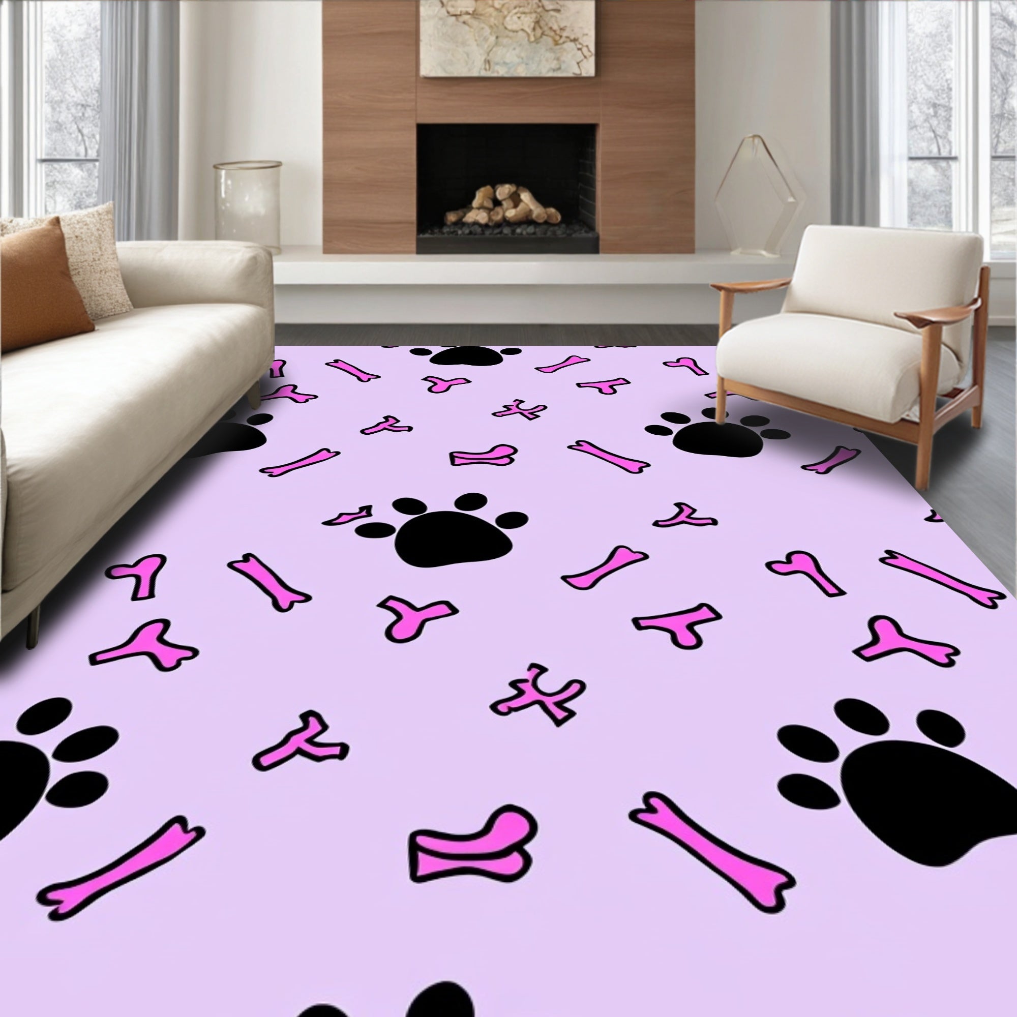 Pink Paw Prints and Bones Rug