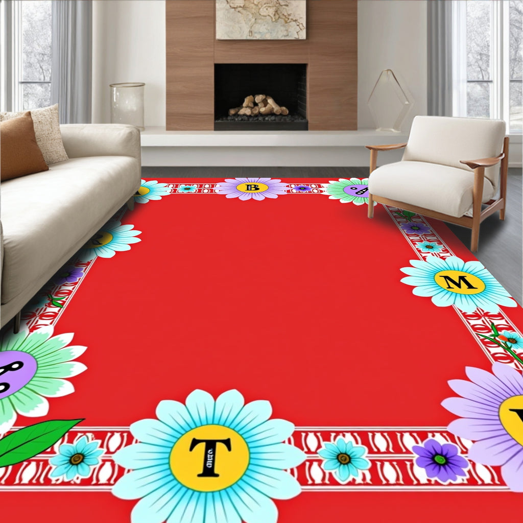 Bright Red Floral Alphabet Border Rug