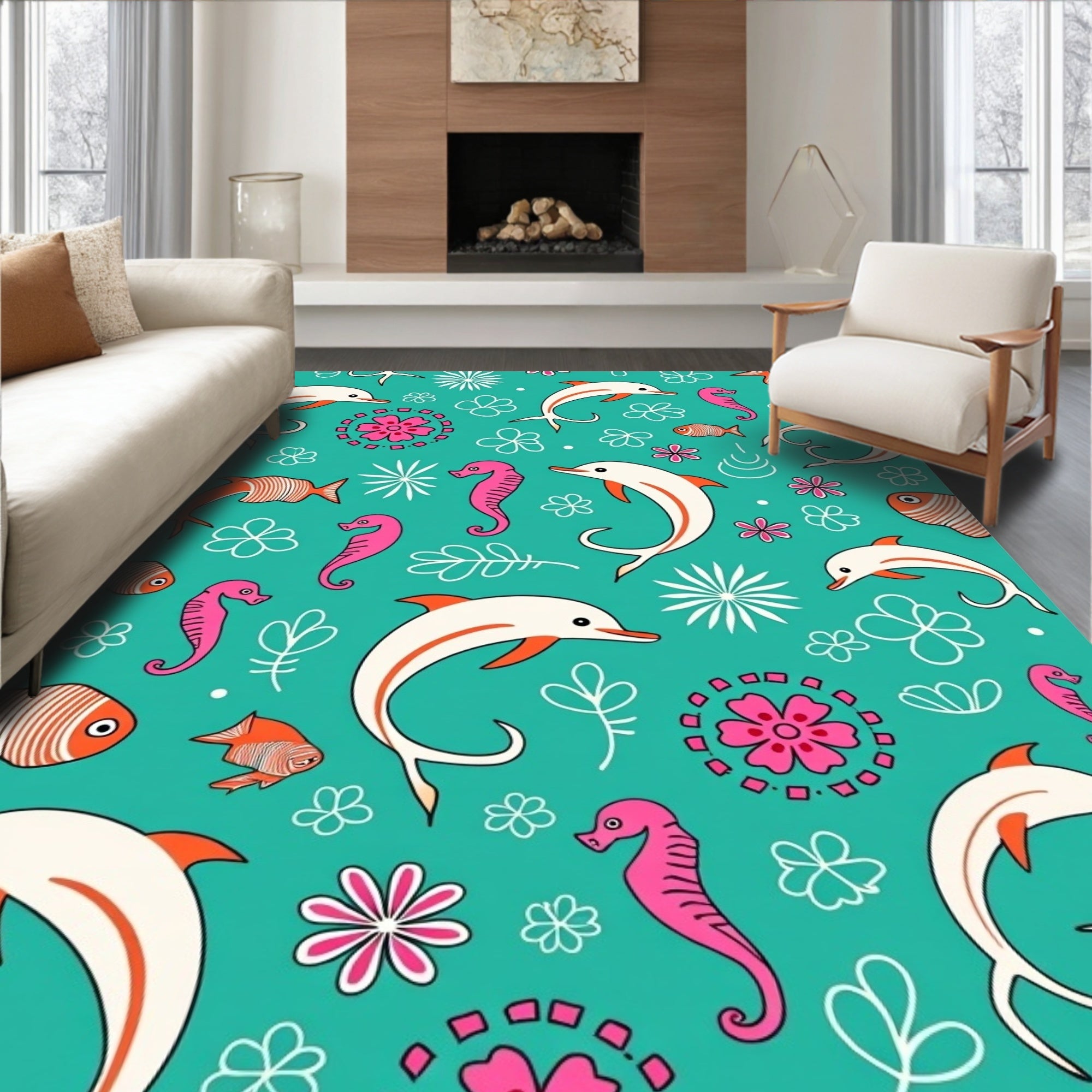 Teal Dolphin Seahorse Fish Floral Collage Rug