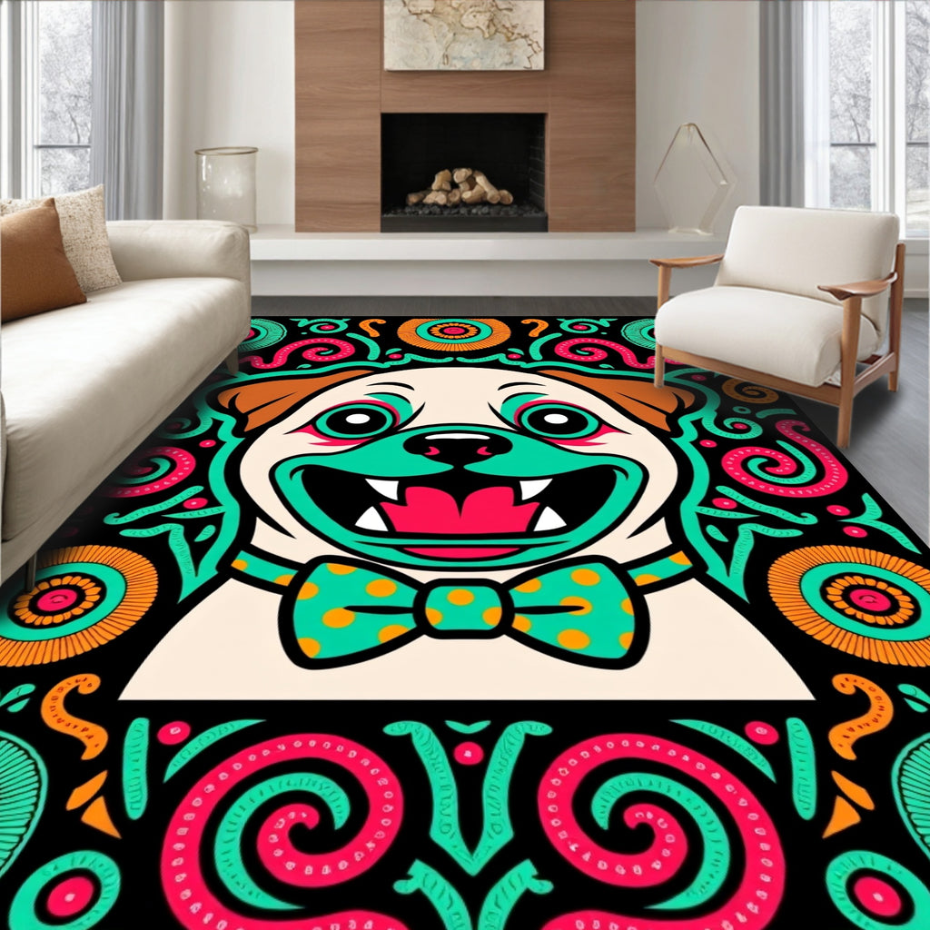 Vibrant Pug With Tribal Border Rug