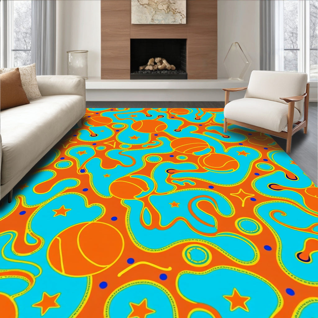 Vibrant Orange Aqua Abstract Star Orb Rug