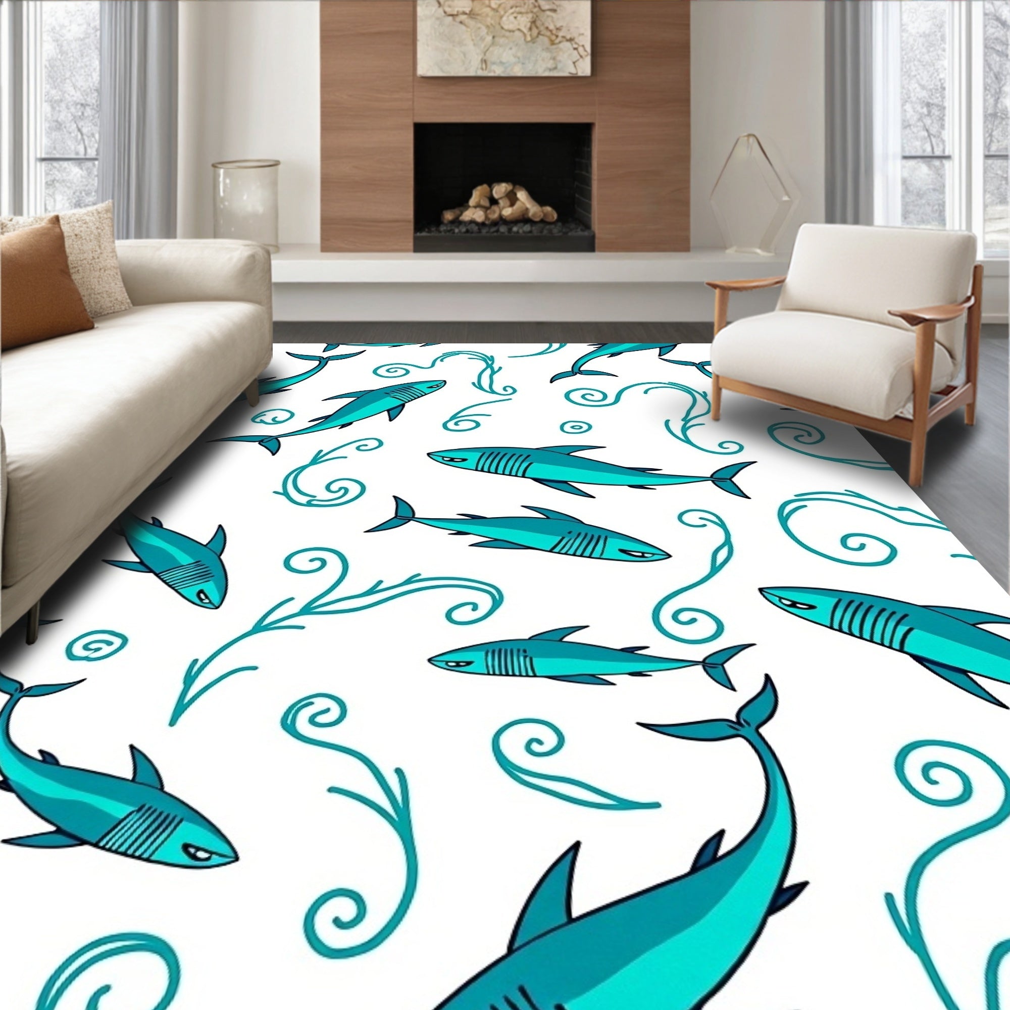 Aqua Shark Swirl Aquatic Scene Rug