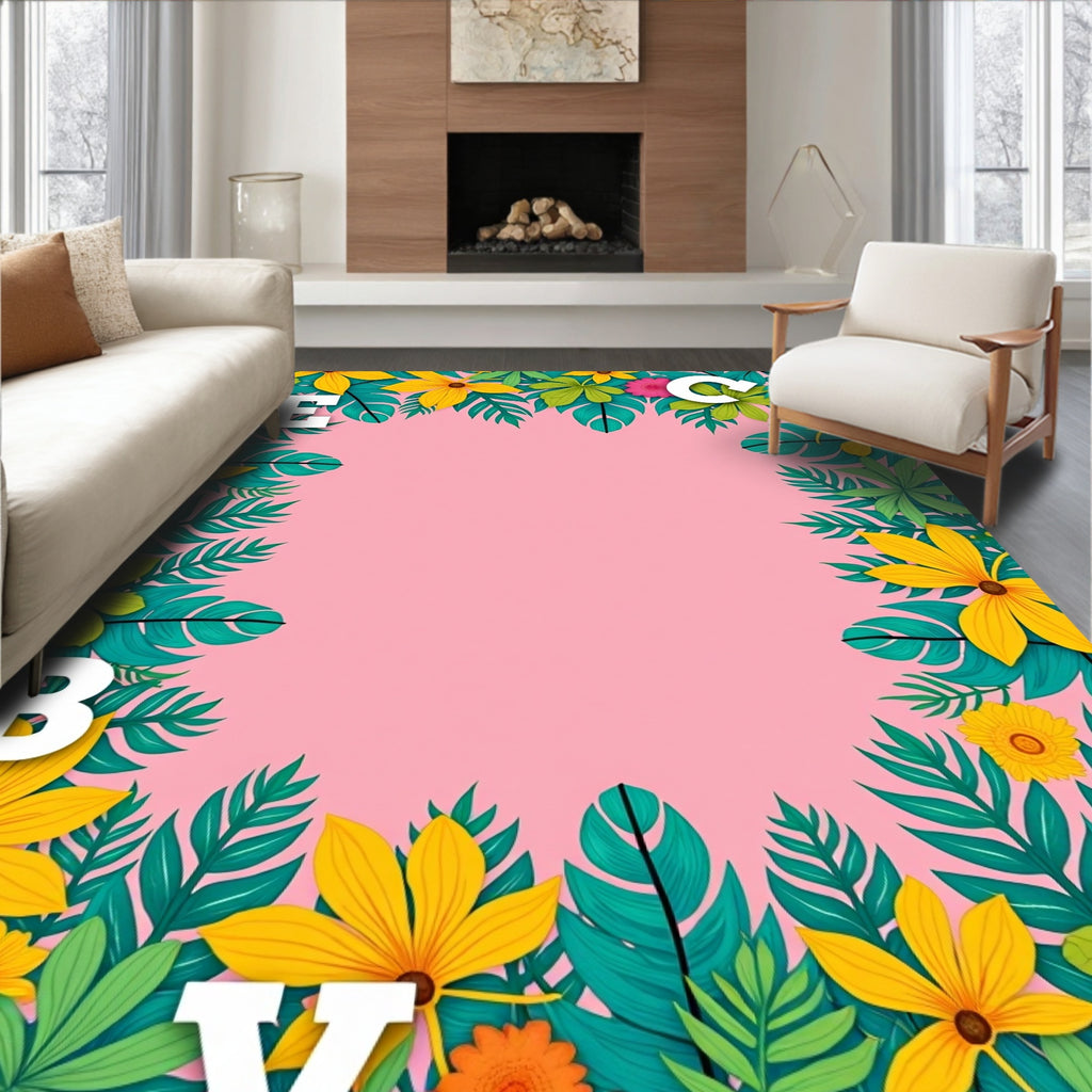 Tropical Yellow Floral Leafy Border Rug