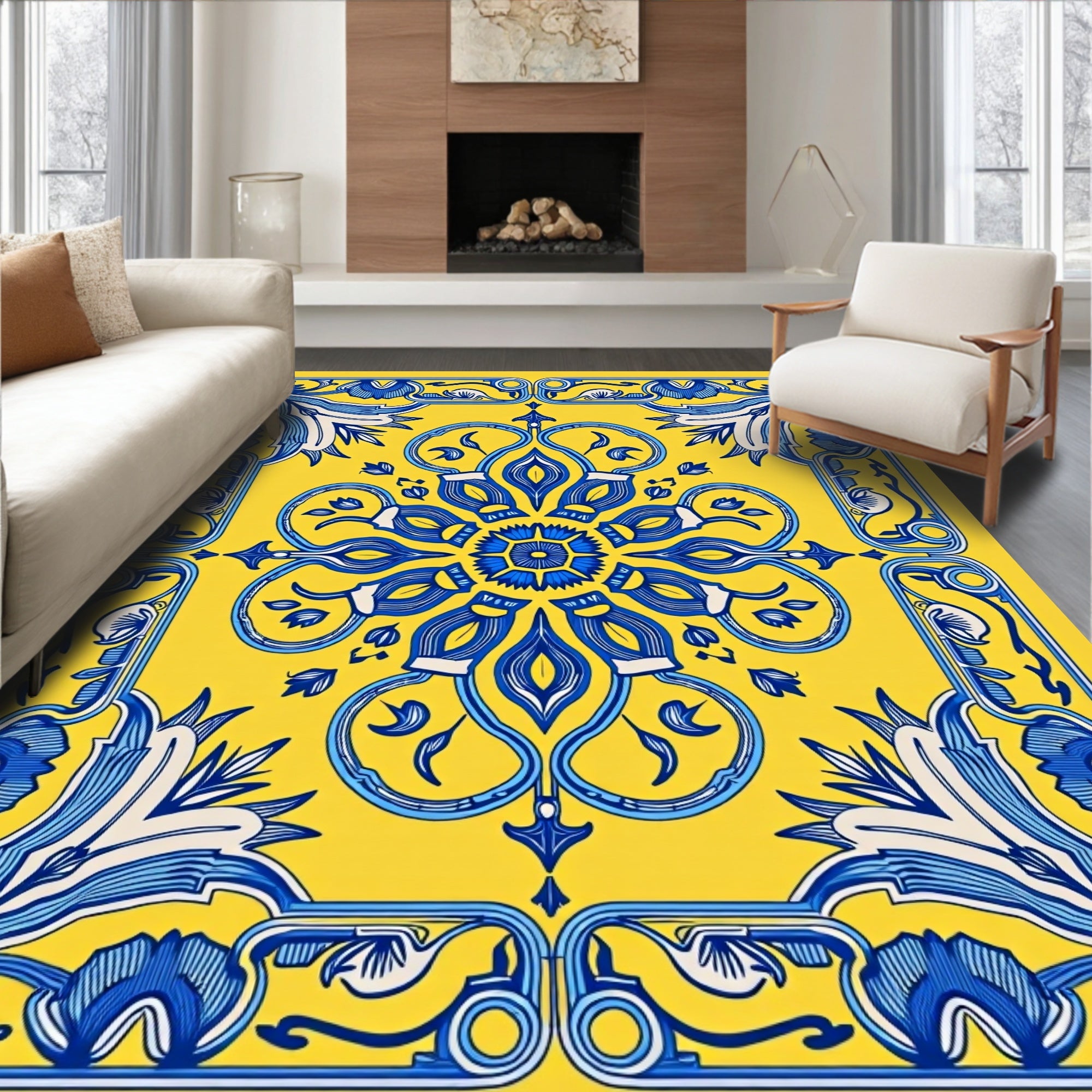 Sunny Yellow Blue Floral Medallion Rug