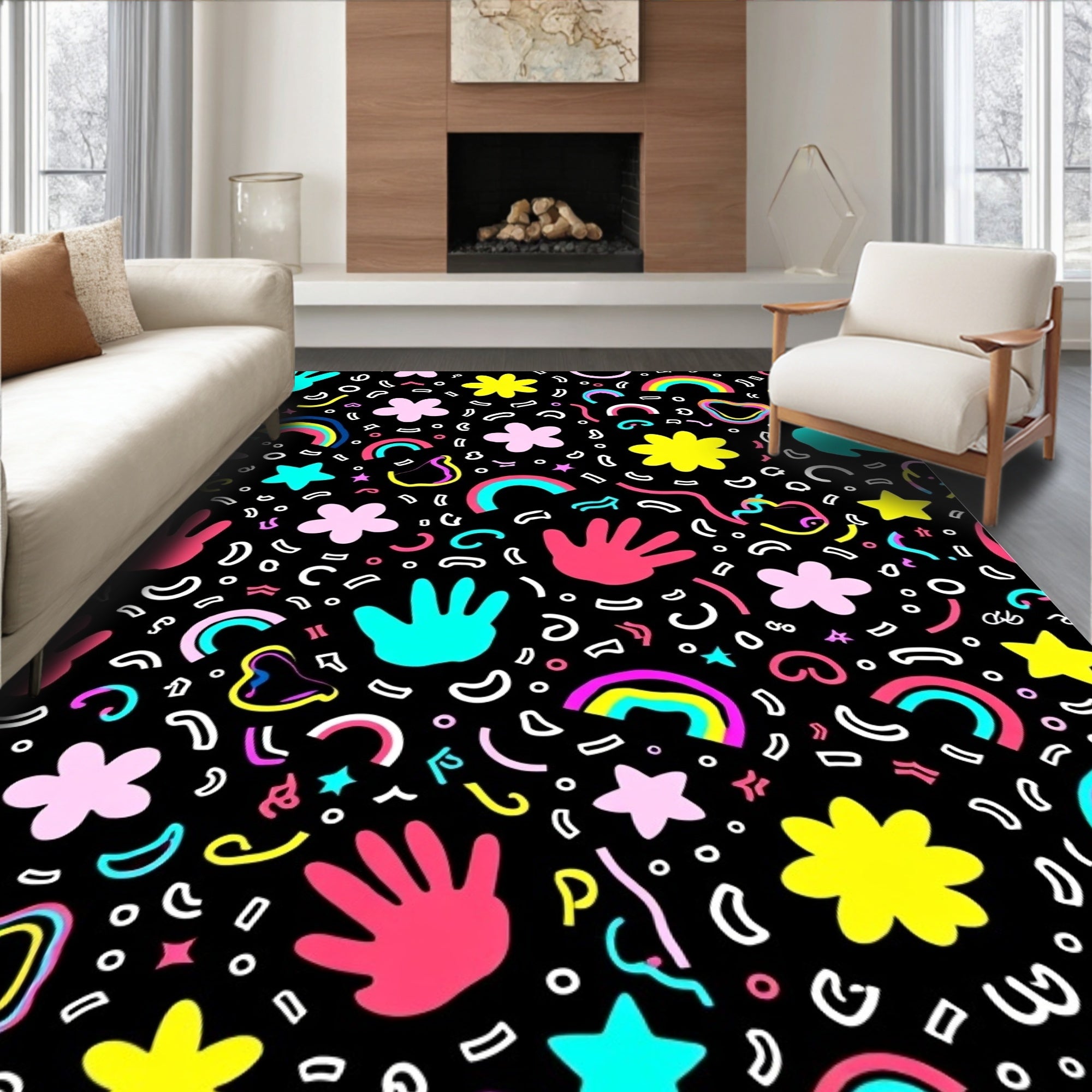 Vibrant Rainbow Hand Star Flowers Rug