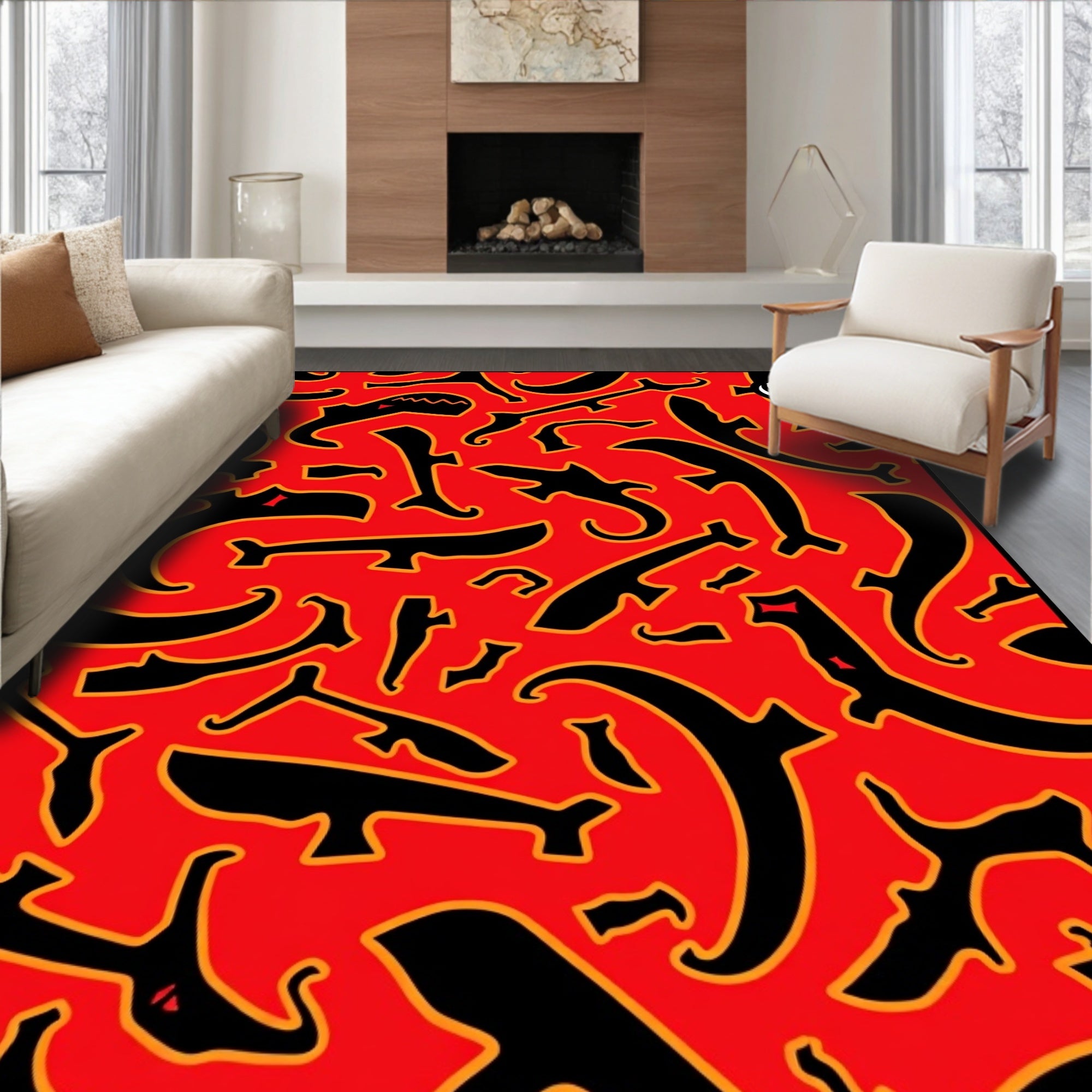 Bold Red Black Organic Forms Rug