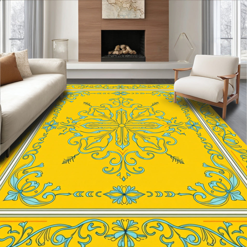 Golden Yellow Filigree Floral Medallion Rug