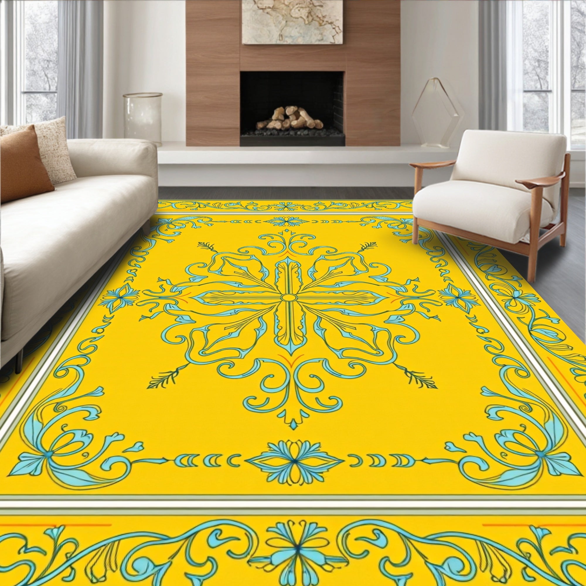 Golden Yellow Filigree Floral Medallion Rug