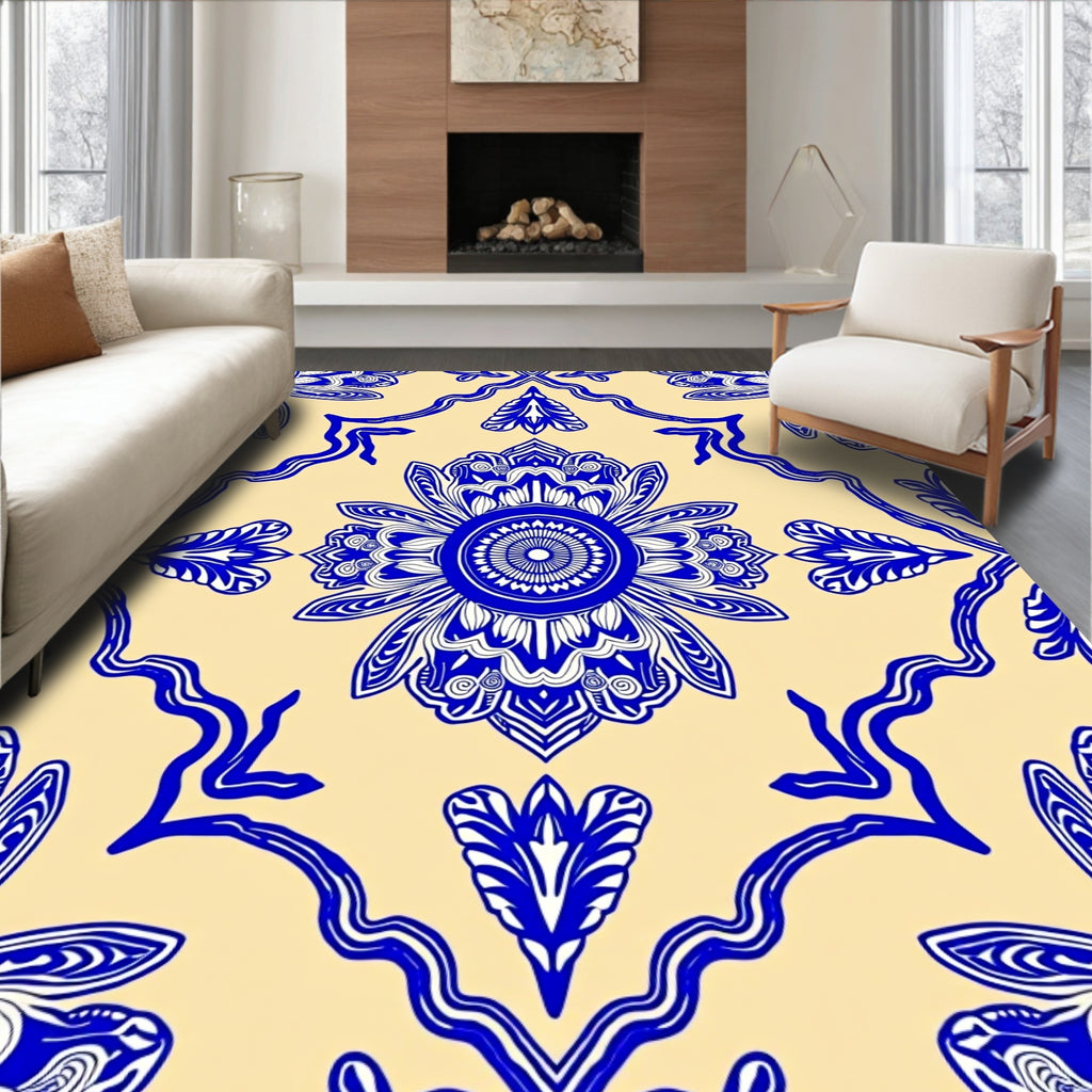 Vibrant Blue Floral Medallion Cream Rug