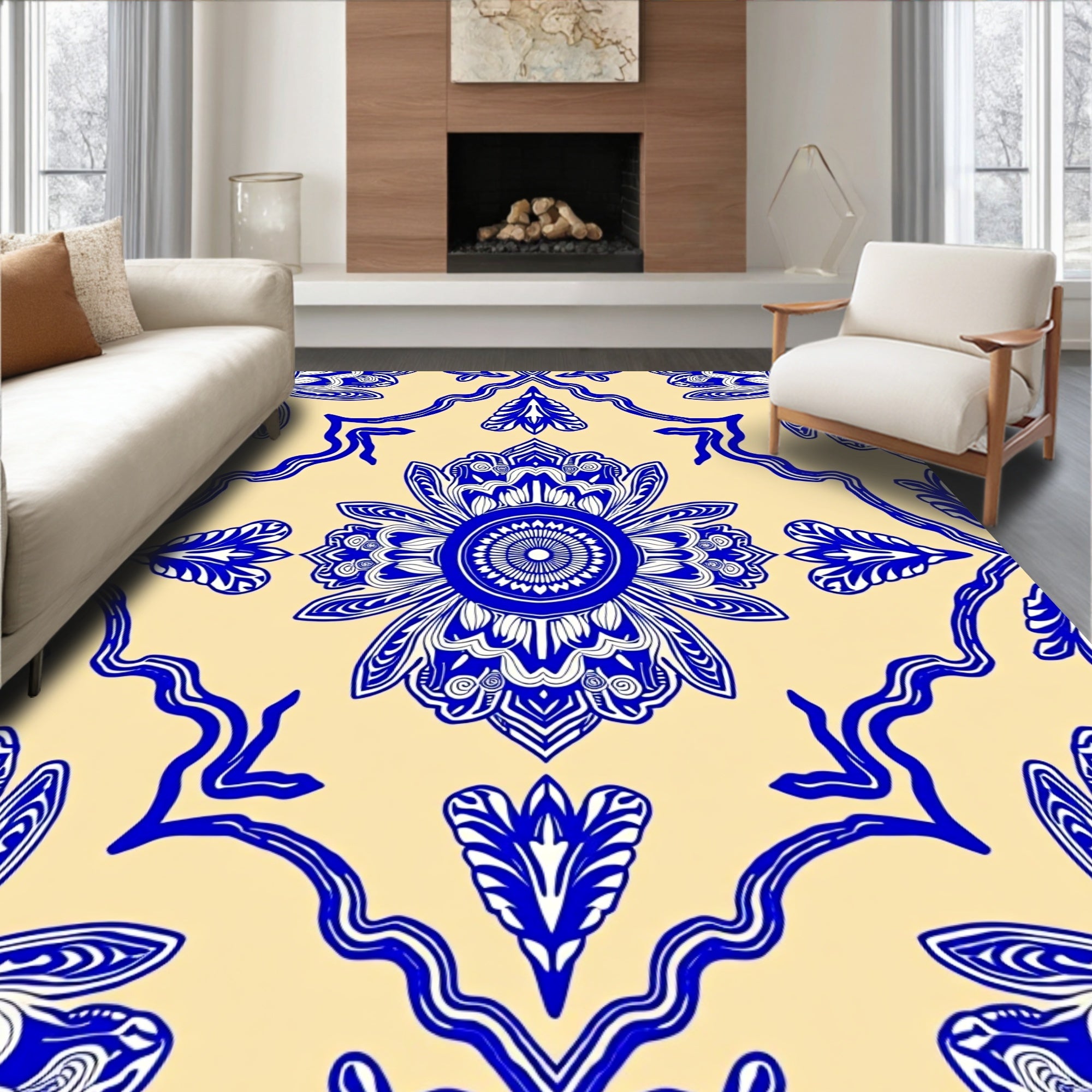 Vibrant Blue Floral Medallion Cream Rug