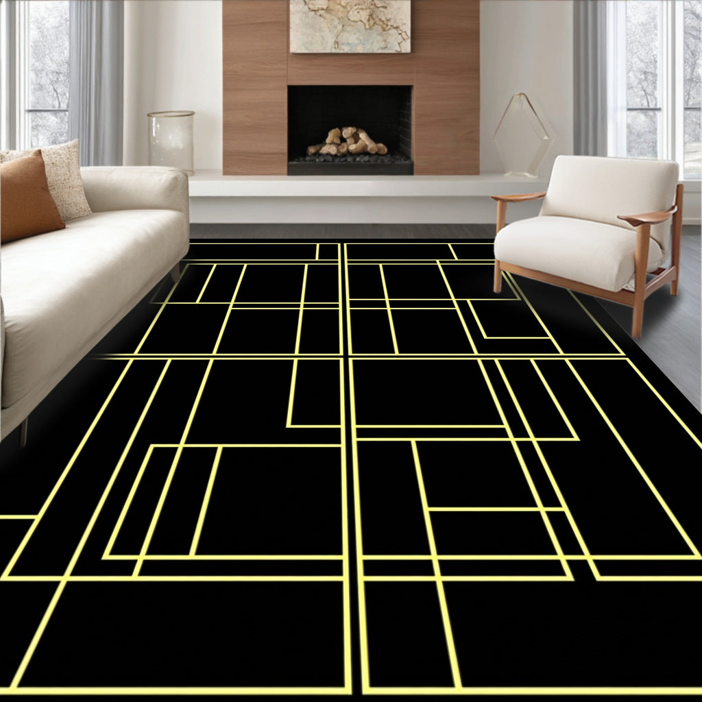 Black Yellow Geometric Deconstructed Grid Rug