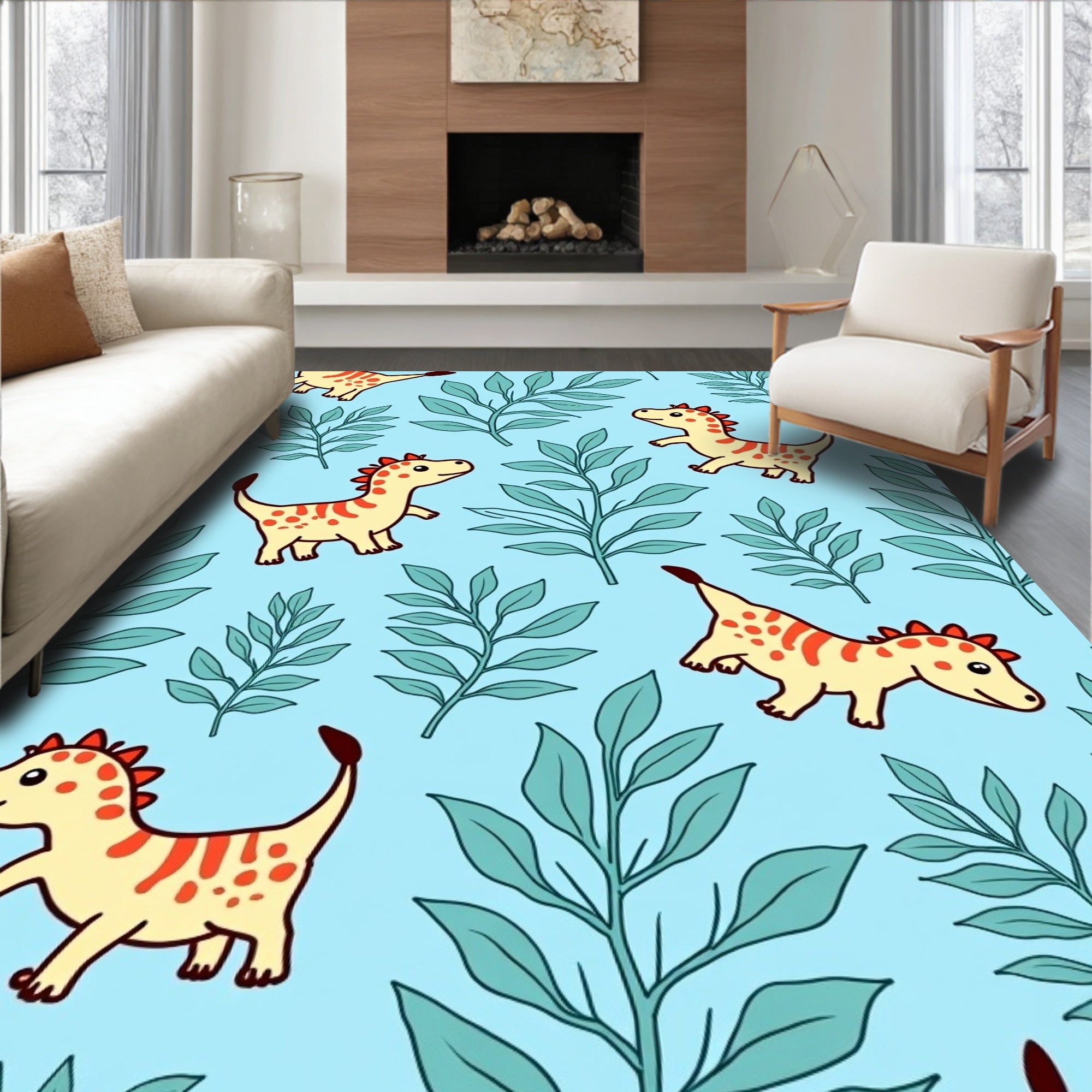 Playful Yellow Dinosaurs Blue Foliage Rug