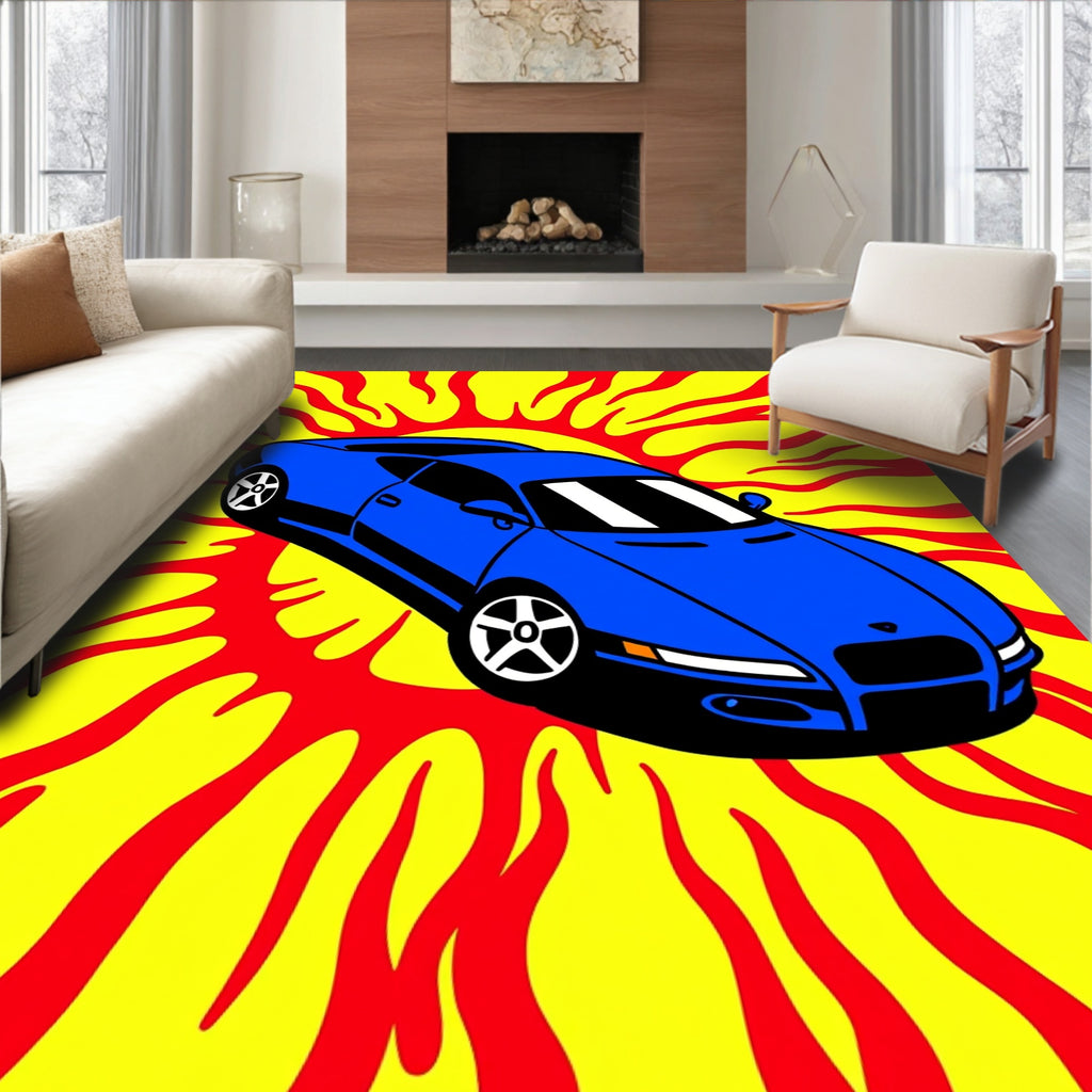 Vibrant Blue Sports Car Flames Rug